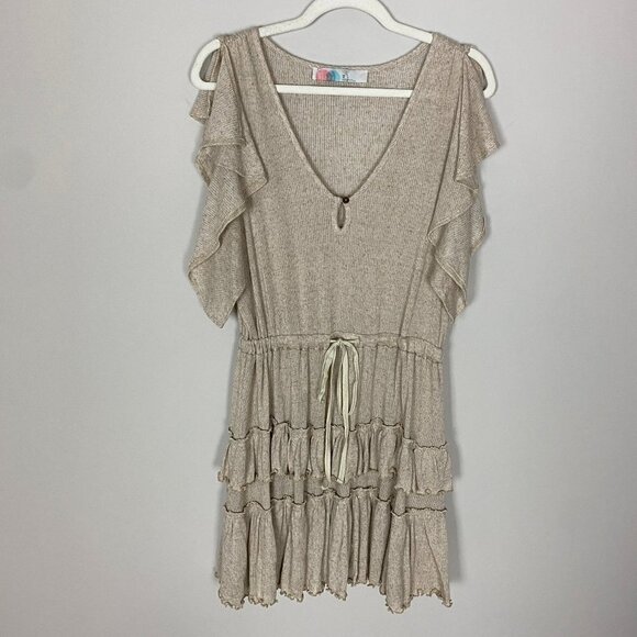 Free People FP Beach Harper Oatmeal Tiered Dress Womens XS Ruffle Knit V Neck - Picture 2 of 9